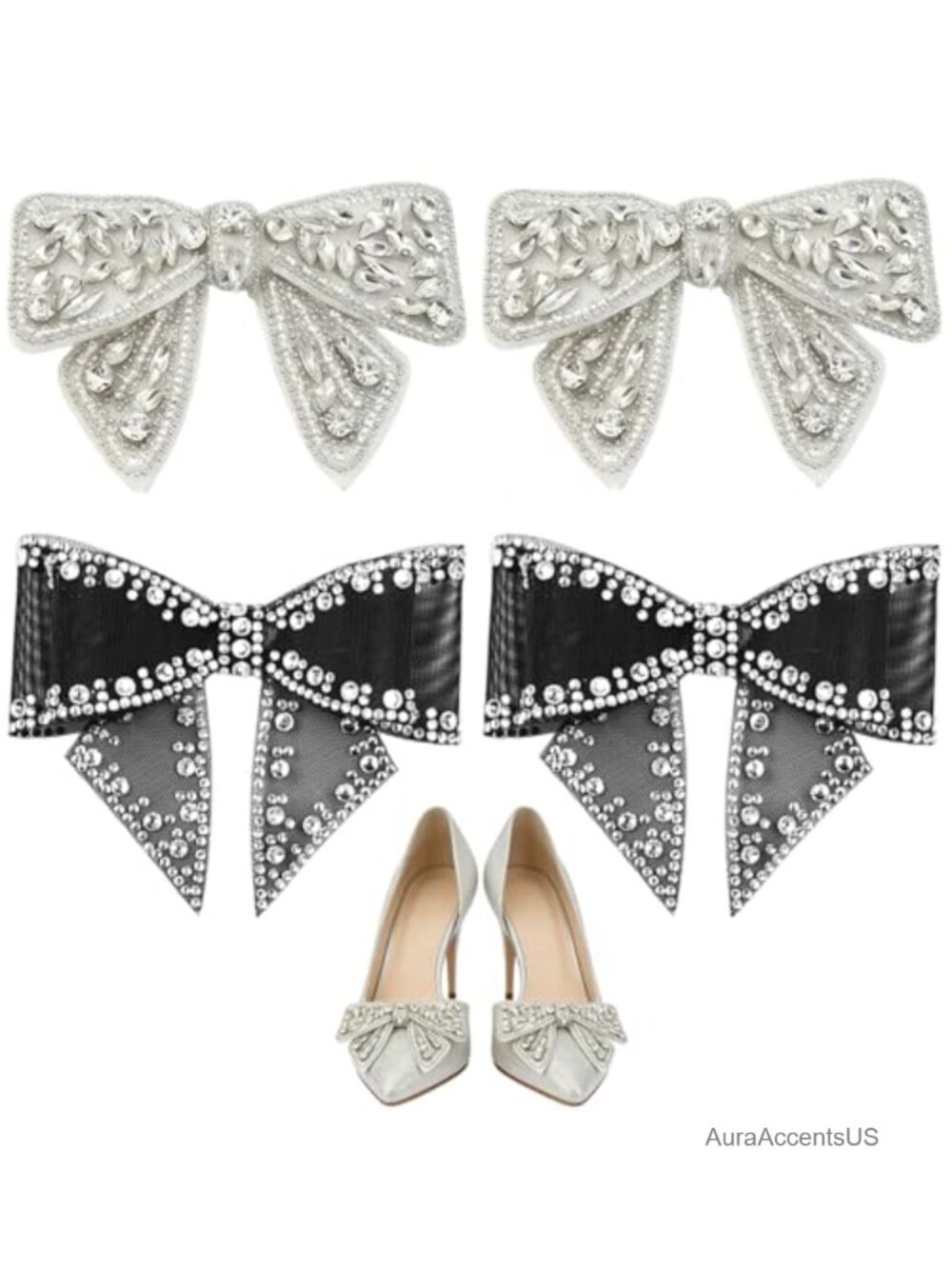 Rhinestone Bow Shoe Clips Sew-On Crystal Heel Charms 4 Pc